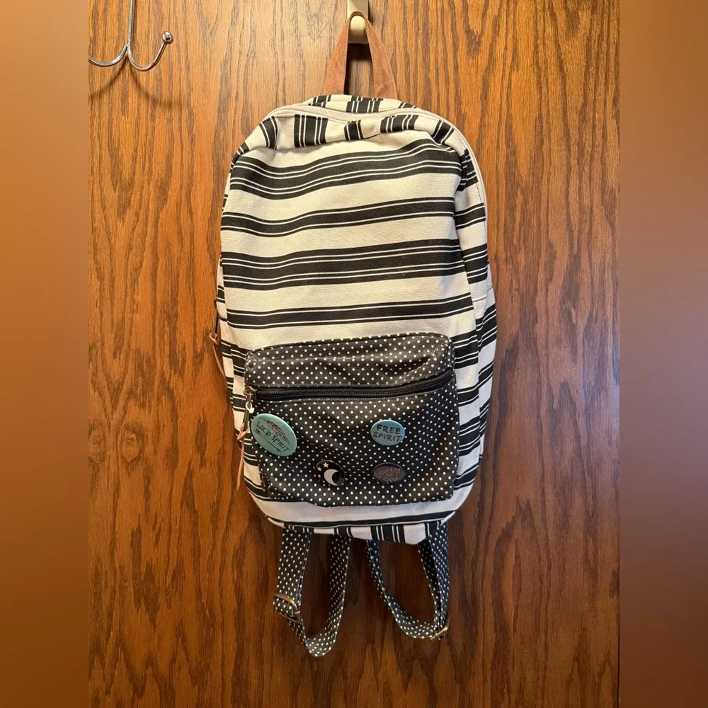 Striped Black and White Backpack with Polka Dot Pocket